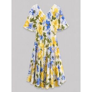 Rabbit Rabbit Rabbit Designs Floral Midi Dress Blue Yellow Watercolor Size 8